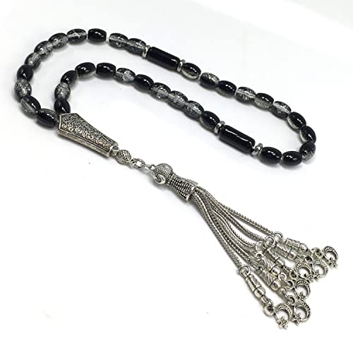Transparent Crackle Black Glass Worry Beads, Prayer Beads, Tesbih, Tasbih, Tasbeeh, Rosary, Misbaha, Masbaha, Subha, Sebha (8x6mm-33 Beads) - color: Transparent Crackle Black Glass -8x6mm-33 Beads