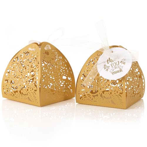 AdasBridal 50 Pack Gold Gift Box Laser Cut Rose Candy Box 2.36" - color: Gold