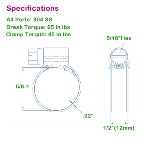 Non-Slip Stainless Steel Worm Gear Hose Clamps 5/8 to 1"(16-25mm) | SAE Size 8, 5/16"Hex Head, Soft Hose Protection, Adjustable for Automotive, Fuel Line, Garden, Heater, Radiator, 12Pack - size: SAE#8(5/8 To 1)