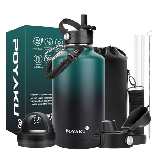Water Bottle Insulated 32oz 40oz 64oz 128oz Straw Lid Spout Lid & 3 Lids, Leak Proof, Vacuum Insulated,Stainless Steel Water Bottle Wide Mouth for Sports, Gym or Office - color: Indigo Crush, size: 64 Ounces