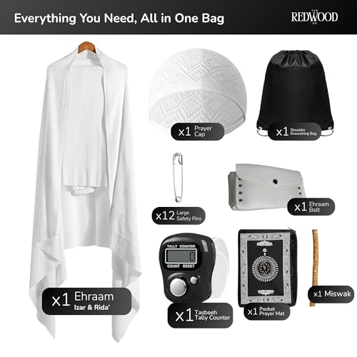 Umrah Essentials Kit for Men – Pack of 8 | Cotton Ihram 110x220 cm, Adjustable Ihram Belt, Foldable Prayer Mat, Miswak, Safety Pins, Digital Tasbeeh, Prayer Cap, Drawstring Bag for Hajj & Umrah