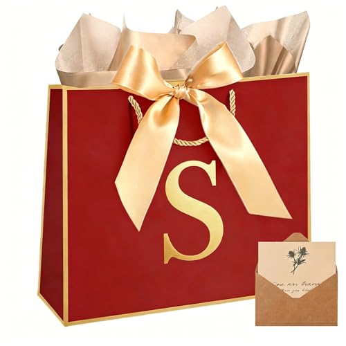 Topaliving Personalized Gift Bag with Card and Tissue Paper, 26 Letters Birthday Gift Bag 13'' Custom Valentines Weddings Present with Initials/Numbers for Women Men Kids (Red,S) - color: Red, size: S