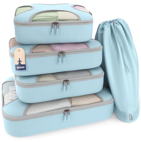 Shacke 5 Set Packing Cubes for Travel with Laundry Bag (Sky Blue) - color: 5 Set - Sky Blue, size: Set of 5