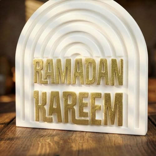 Ramadan Kareem Islamic Table Decor – Gold Edition Arabic Calligraphy for Home or Office – Unique Islamic Art Piece, Perfect for Eid, Ramadan, or Daily Inspiration – White Stone Powder Statue - style: Gold Ramadan Kareem