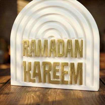 Ramadan Kareem Islamic Table Decor – Gold Edition Arabic Calligraphy for Home or Office – Unique Islamic Art Piece, Perfect for Eid, Ramadan, or Daily Inspiration – White Stone Powder Statue - style: Gold Ramadan Kareem