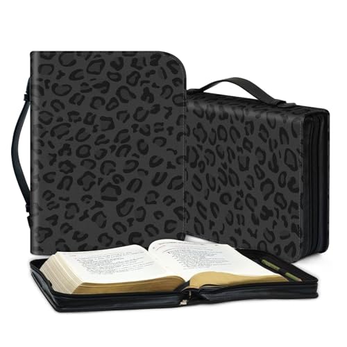 PU Leather Bible Cover with Handle & Pockets, Large Capacity Bible Case, Water-Resistant Scripture Organizer Bag with Bonus Card Holder, Christian Gift for Women & Men, Black Leopard Print - color: Black Leopard Print