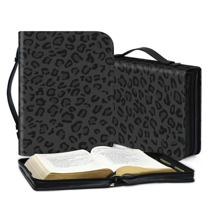 PU Leather Bible Cover with Handle & Pockets, Large Capacity Bible Case, Water-Resistant Scripture Organizer Bag with Bonus Card Holder, Christian Gift for Women & Men, Black Leopard Print - color: Black Leopard Print