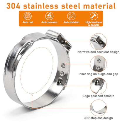 50 Pack Sieqioor 3/8 Inch 10.8-13.3mm Single Ear Hose Clamp, 304 SS | 304 Stainless Steel Ear Clamp, Stepless Hose Clamps Cinch Rings for Automotive, Home Appliance Line and Plumbing - size: 3/8 Inch 50Pack