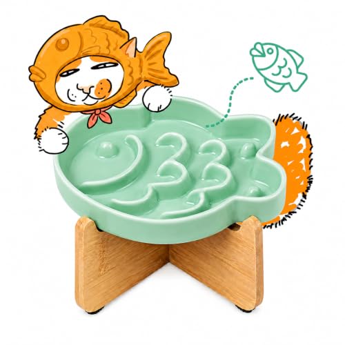 Elevated Slow Feeder Cat Bowl with Stand, 6.3''Ceramic Fish Maze Cat Food Bowl, Raised Whisker Friendly Wide Shallow Cat Dish for Wet & Dry Food, Non Slip Puzzle Feeder for Cats & Small Dogs (Green) - color: Green with Stand