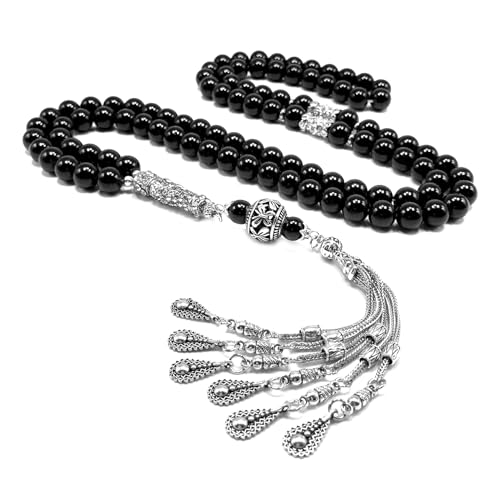 Special Prayer Beads Series -99 beads- Tesbih Tasbih Tasbeeh Misbaha Masbaha Subha Sebha Sibha (Black Glass -10 mm 99 Big Beads- & Zircon Stone Design) - color: Black Glass -10 mm 99 Big Beads- & Zircon Stone Design