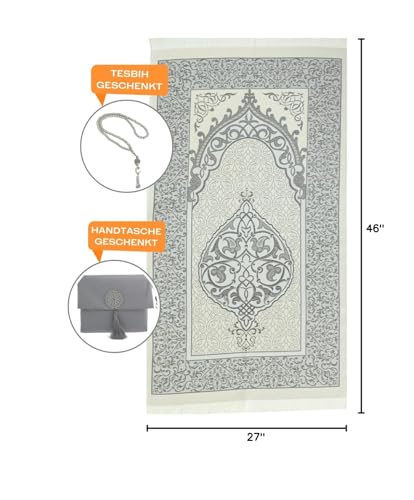 Prien Muslim Prayer Rug with Tasbih and Portable Bag, Muslim Gift for Women Men, Mubarak Islamic Box, Soft Mat Islam Gifts Set, Turkish Sajadah for Ramadan, Eid, Hajj, Travel, Pray (Grey) - color: Grey