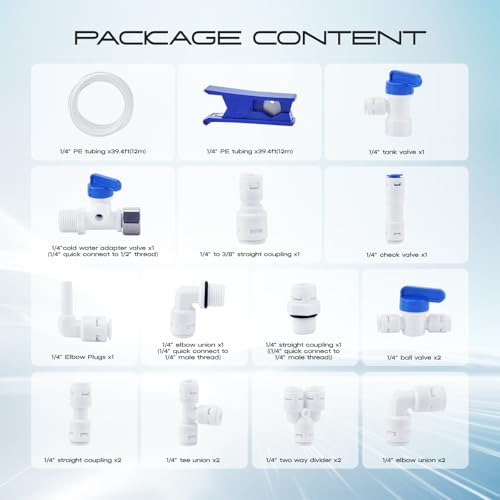 1/4 Water Line, cnaodun with 1/4" OD 39.4ft Water Tubing Reverse Osmosis Quick Connect Fittings Push To Connect Water Tube Fittings for RO Water Filter