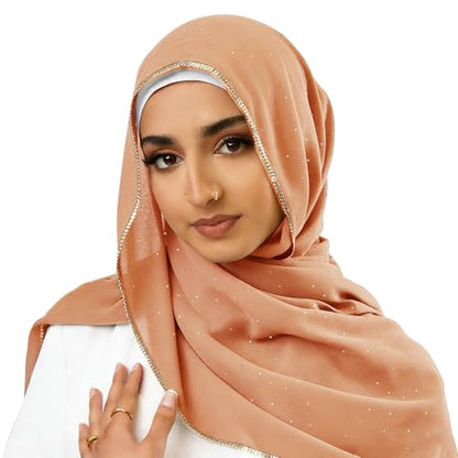 Hijab Scarf for Women Soft Chiffon Rhinestone Long Scarf Shawl Fashion Muslim Hijab Head Wrap Scarves - color: Camel