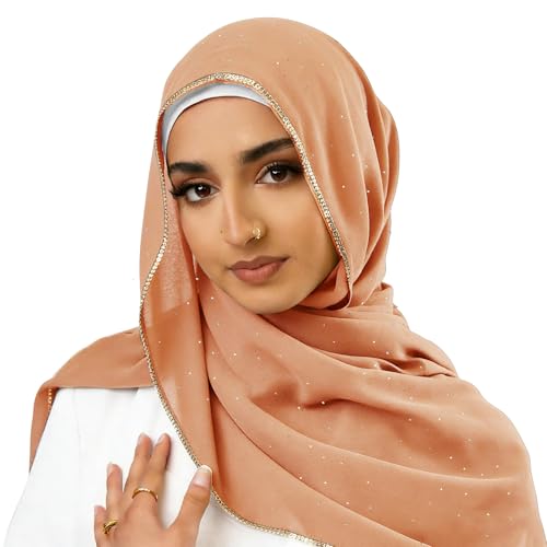 Hijab Scarf for Women Soft Chiffon Rhinestone Long Scarf Shawl Fashion Muslim Hijab Head Wrap Scarves - color: Camel