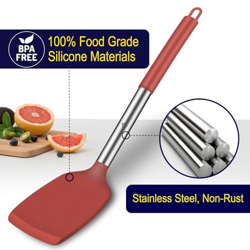 HOTEC Silicone Spatula Set of 2 Heat-Resistant 600°F & BPA-Free Kitchen SaptulaTurner with Stainless Steel Handles, Slotted & Solid Spatulas for Nonstick Cookware, 13.7 Inch, Red - color: Red