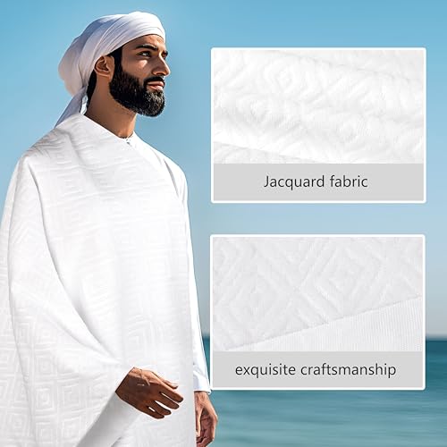 DIAOJIA® Muslim Men's Prayer Shawl,Pilgrimage Towel White Traditional Arabic Hajj Shawl, Polyester Terry Cloth Material, 110x210 cm, 2-Piece Set with Storage Bag (White)