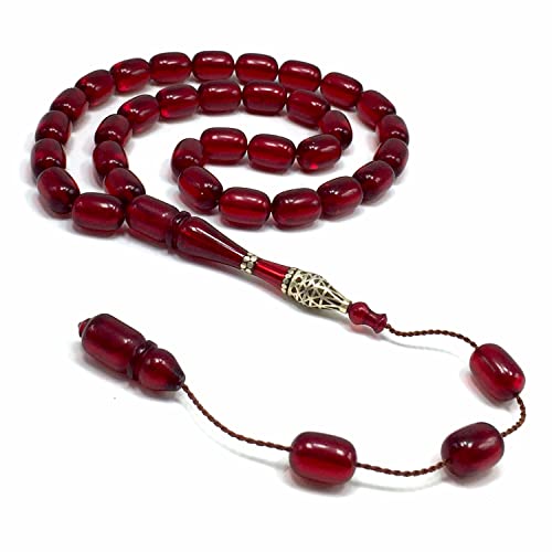 EXCLUSIVE COLLECTION -Handmade Silver Engraved Bakelite Tesbih, Tasbih, Islamic Rosary, Islamic Prayer Beads, Misbaha (8x12 mm 33 Cherry Cylinder Beads) - color: 8x12 mm 33 Cherry Cylinder Beads)