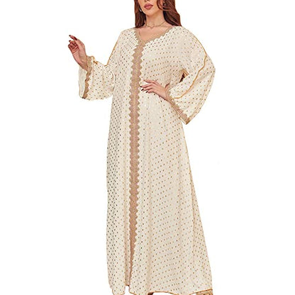 FPOVFPO Women's Muslim Abaya One-Piece V Neck Bronzing Dress Islamic Full Length Kaftan Daily Casual - color: White, size: XX-Large