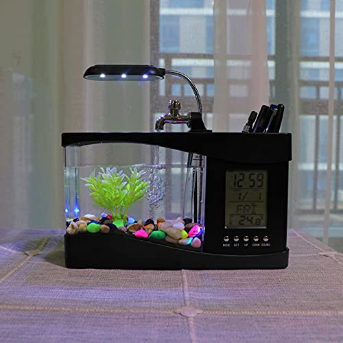Mini Fish , Multifunctional USB Rechargeable Fish Desktop Electronic Aquarium with Clock Function LED Light Pen Holder for Office, Home