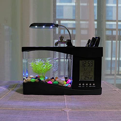 Mini Fish , Multifunctional USB Rechargeable Fish Desktop Electronic Aquarium with Clock Function LED Light Pen Holder for Office, Home
