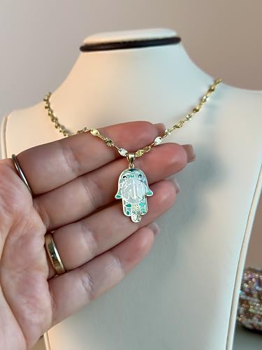 14K Solid Gold Pendant Necklace Hand-Painted Abstract Hamsa Hand and Allah Calligraphy (Evil Eye) - Gift for Men, Women, Daughter, Son, Unisex Adults, Kids - color: Light Green Fatima Hand w/ Allah Calligraphy, style: Pendant w/ Adjustable Chain