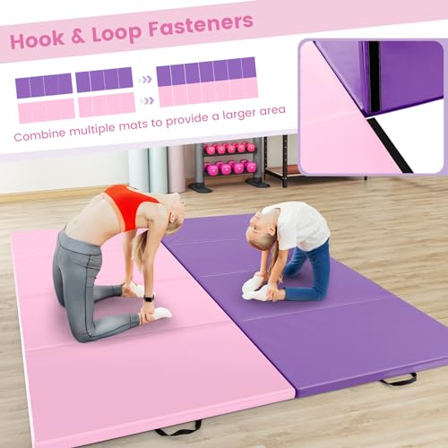 Goplus Folding Gymnastics Mat, 10’ x 4’ x 2’’ Thick Tumbling Mats with PU Leather, Hook & Loop Fasteners, Portable Handles, 4-Panel Exercise Mat for Home Gym Workouts, Yoga - color: Pink