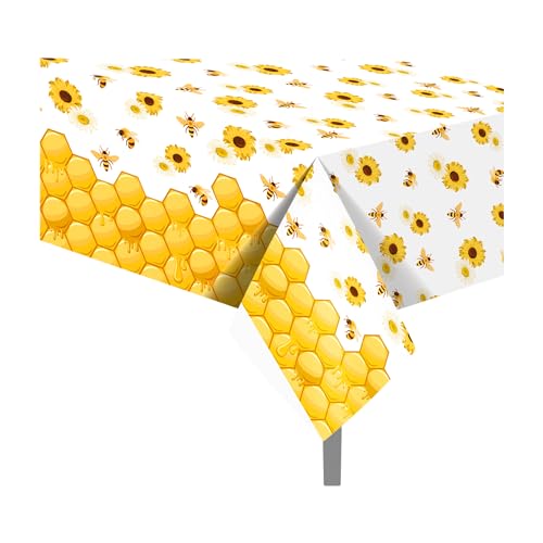 1Pc Bees Party Plastic Tablecloth 54 x 87 Inch Long Table Cover, Honey Sunflower Honeycomb Daisy Party Tablecover for Bee Kids Baby Shower Birthday Dinner Picnic Kitchen Event - color: Bees