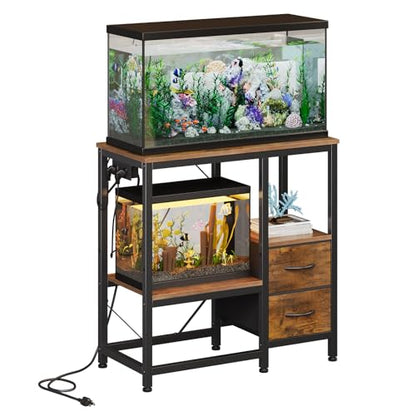 20-29 Gallon Fish Tank Stand with Power Outlet Vintage Metal Aquarium Stand with 2 Fabric Drawers Heavy Duty Reptile Tank Stand with 3-Tier Adjustable Storage Shelves, Left-Right Mounting