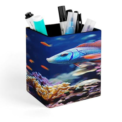 Coral Reef Fish Aquarium Square Pen Holders Classical Design Pencils Holders Makeup Brush Holders Leather Pen Holder Cup Desktop Stationery Organizer for Office Supplies