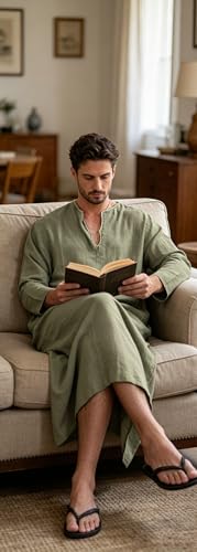 Jacansi Men's 65% Cotton 35% Linen Kaftan Thobe, Long Sleeve Casual Arabic Robe, Loose Long Gown with Pockets - color: Black #1, size: XX-Large