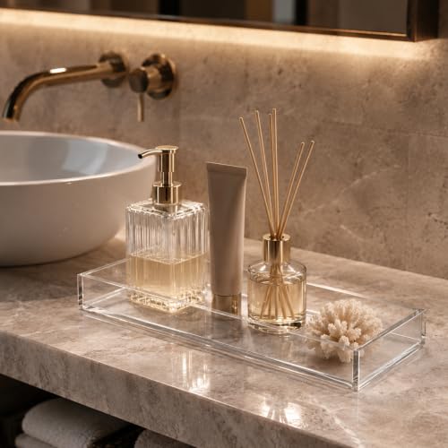 MaxGear Acrylic Vanity Tray | Clear Bathroom Tray for Countertop, Plastic Tray for Makeup Storage, Rectangle Decorative Organizer, 11.8 × 5 × 1.2in
