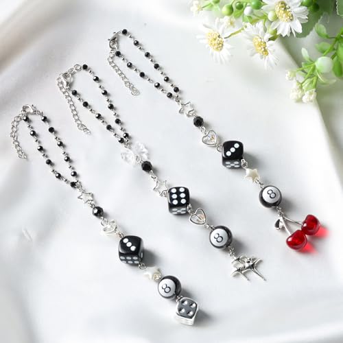 Dice Star Car Charm - Silver Black 8 Ball with Beads Rear View Mirror Charms Cars Accessories, Interior Y2K Aesthetic Hanging Ornament Pendant for Women Men - style: Dice
