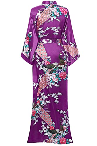 BABEYOND Women's Kimono Robe Long Satin Robes with Peacock and Blossoms Printed Kimono Nightgown - color: Dark Purple, size: One Size
