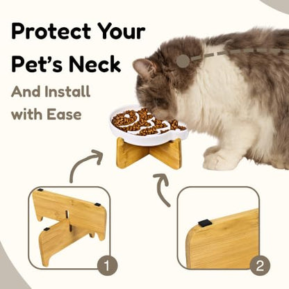 Elevated Slow Feeder Cat Bowl with Stand, 6.3''Ceramic Fish Maze Cat Food Bowl, Raised Whisker Friendly Wide Shallow Cat Dish for Wet & Dry Food, Non Slip Puzzle Feeder for Cats & Small Dogs (White) - color: White with Stand