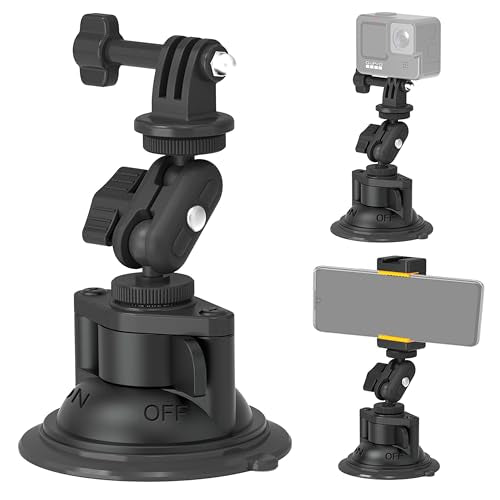 MINIFOCUS Suction Cup Camera Mount with Phone Holder, Car Camera Mount with Ball Head Magic Arm for Windshield Dash Compatible with GoPro Hero 11/10/9, DJI Osmo Action/Procket, Insta360 X5/4/3 - style: S1026