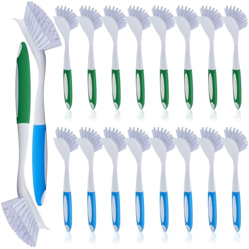 Hsei 20 Pcs Blue and Green Kitchen Scrub Dish Brush Bulk with 11 Inch Anti Slip Handle Cleaning Dish Scrubber with Stiff Bristles Washing Scrub Brushes for Housekeeping for Pots and Pans, Kitchen Sink - color: Blue and Green