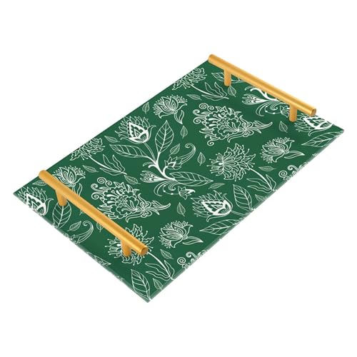 Bathroom Vanity Tray Counter Organizer, Green Floral Pattern Decorative Tray with Handles Countertop Storage for Bathroom Bedroom Kitchen Home Farmhouse - color: Green Floral Pattern
