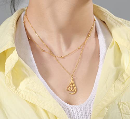 UNIFT Islamic Muslim Allah Layered Necklaces For Women Stainless Steel Charm Water Drop Heart Shape Allah Pendant Double Layer Necklace Islamic Jewelry - color: gold