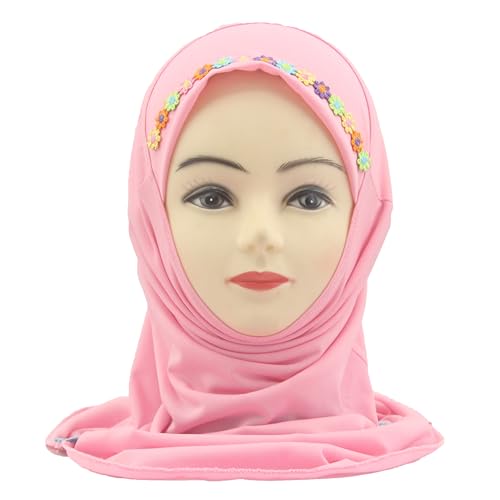 Girls Instant Hijab – Soft Kids Muslim Scarf with Flower, Breathable One-Piece Headscarf for Toddlers Age 2-8 - color: Small Flower-pink
