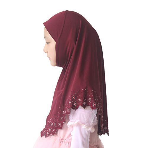 Girls Hijab with Rhinestones – Sparkly Non-Slip Amira Scarf for Kids, for Daily Prayer, School, Ramadan & Eid (Ages 4-12) - color: Wine Red