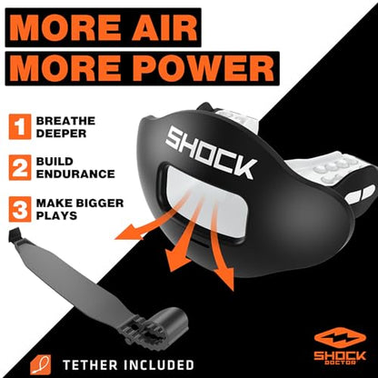 Shock Doctor Lip Guard, Adult and Youth Mouth Guard Football with Strap, Breathable Wide Opening Football Mouthpiece for Youth and Adults OSFA, Shock Doctor Mouth Guards, Max Airflow - color: Black/White