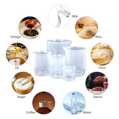 5 Pack Plastic Measuring Jugs, Transparent Lab Graduated Beakers, Heat Resistant Measuring Mixing Cups Set, Multipurpose Cooking Baking Liquid Measure Tool 30ml 50ml 100ml 150ml 300ml