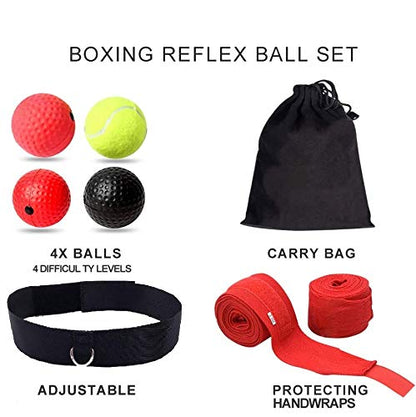 Boxing Reflex Ball Headband Punch Ball | 4 Difficulty Level Speed React Ball, Adjustable Headband and Hand Wraps, Perfect for Punching Speed, Accuracy, Focus, Fight Skills and Hand-Eye Coordination
