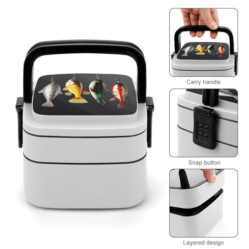Various Type of Fishing Baits Lunch Box Snack Containers with Lids, 2 Compartment Snackle Box Container, Leak-Proof Reusable Food Storage Container for Travel, Meal Prep, Camping, 1000ml