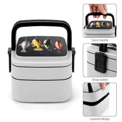 Various Type of Fishing Baits Lunch Box Snack Containers with Lids, 2 Compartment Snackle Box Container, Leak-Proof Reusable Food Storage Container for Travel, Meal Prep, Camping, 1000ml