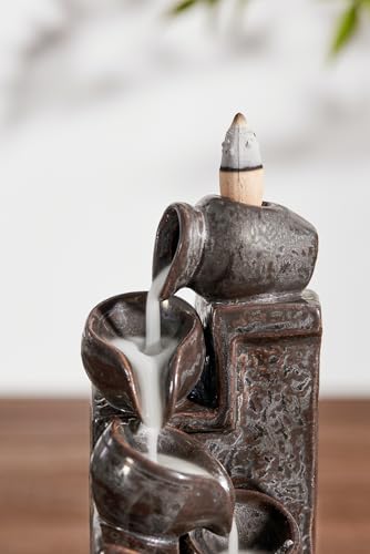 Unique Cascading Basins Ceramic Waterfall Incense Holder, Paired with a Pack of Backflow Incense Cones. (Metallic) - color: Metallic