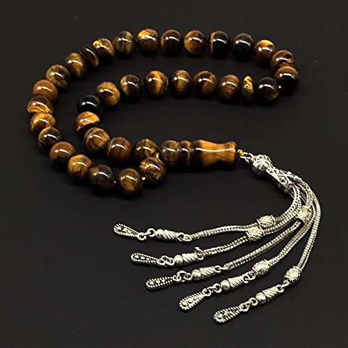 Big Prayer Beads-Worry Beads-Tesbih-Tasbih-Tasbeeh-Misbaha-Masbaha-Subha-Sebha-Sibha-Rosary (-Tiger Eye Natural Stone with Metal Tassel -10mm-33 Beads-) - color: Big Beads with Metal Tassel -10mm-33 Beads-