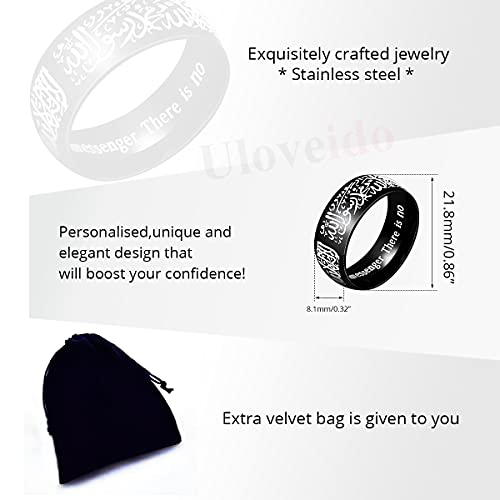 Uloveido Muslim Mohammad Arabic Letter Shahada Rings Gold Color Stainless Steel 8mm Wide Band Religious Allah Rings for Men and Women Y543 - color: Black