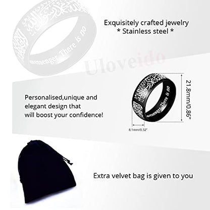 Uloveido Muslim Mohammad Arabic Letter Shahada Rings Gold Color Stainless Steel 8mm Wide Band Religious Allah Rings for Men and Women Y543 - color: Black