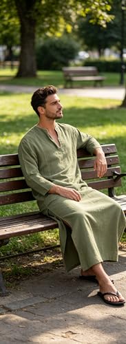 Jacansi Men's 65% Cotton 35% Linen Kaftan Thobe, Long Sleeve Casual Arabic Robe, Loose Long Gown with Pockets - color: Black #1, size: 3X-Large